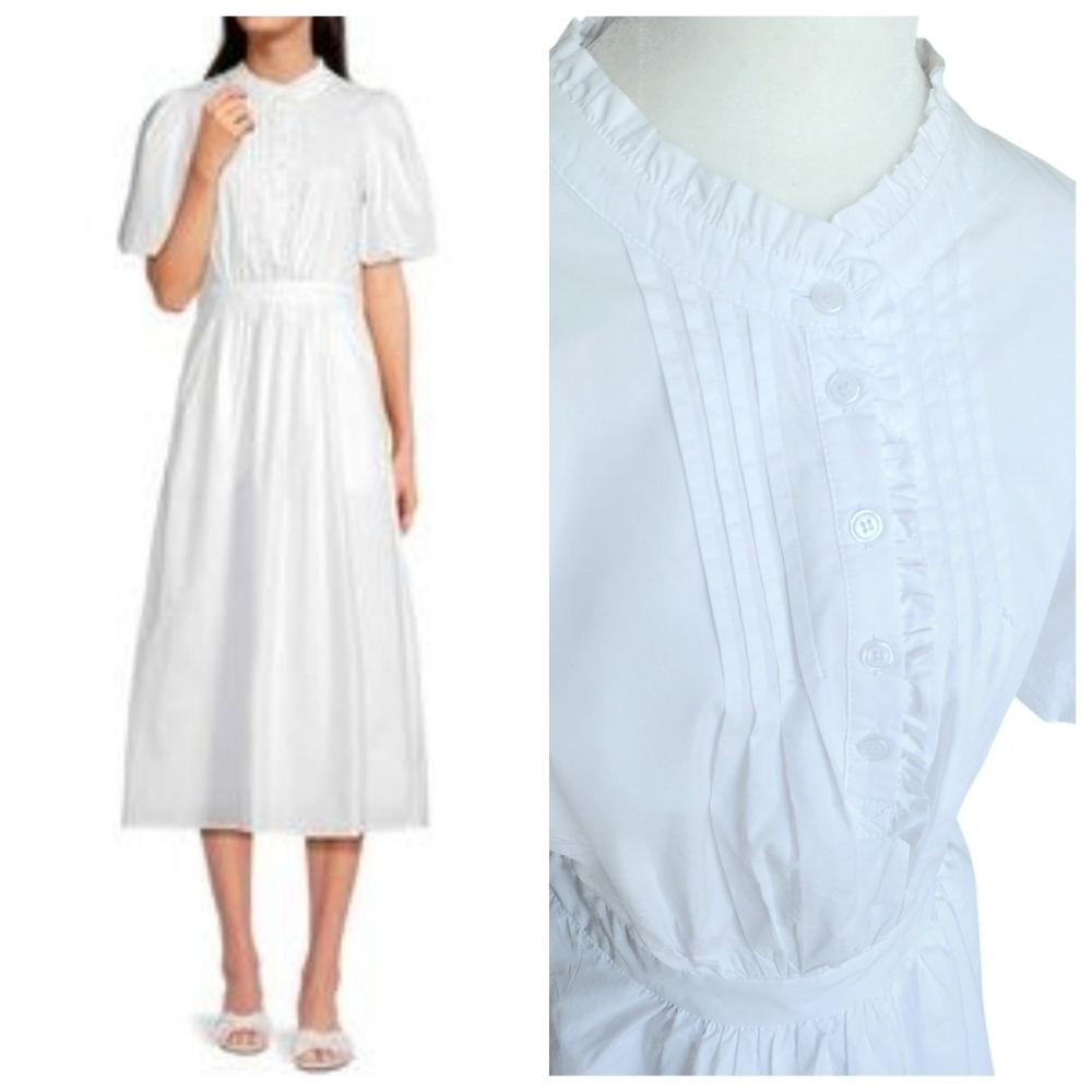 Tuckernuck Greylin | White Pintuck Ruffle Placket Puff Sleeve Mini Dress Pockets